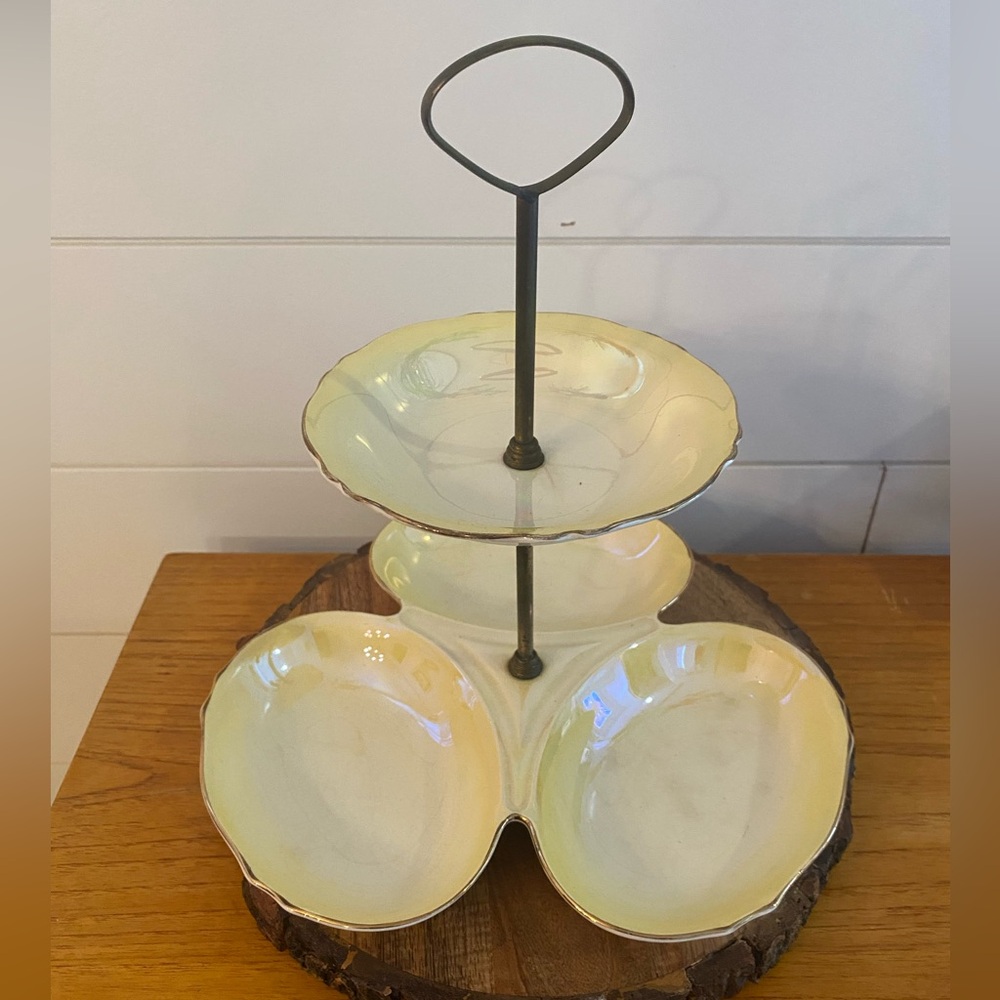 Antique Grandmacore Iridescent Ceramic Gold Rimmed 2 Tier Cake Stand Tea Party